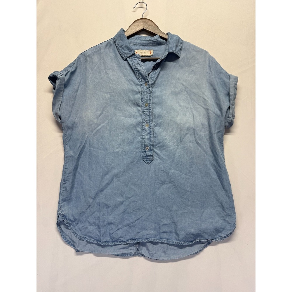 Chambrai Popover Shirt Women Large Blue Blasted Wash Tencel Cuffed Sleeve Casual